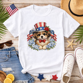Camiseta Cachorro Patriótico Vermelho Branco Azul