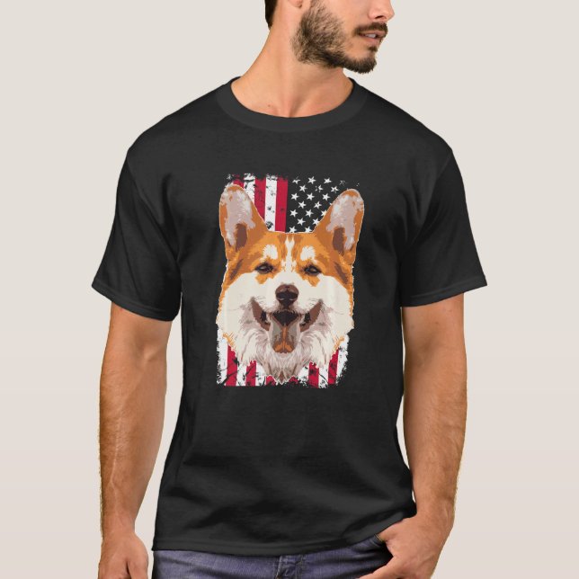 Camiseta Cachorro Pembroke Welsh Corgi Com a Bandeira Ameri (Frente)