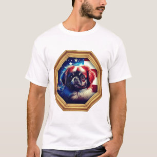Camiseta Cachorro Pequinês Moldura Dourada Bandeira America