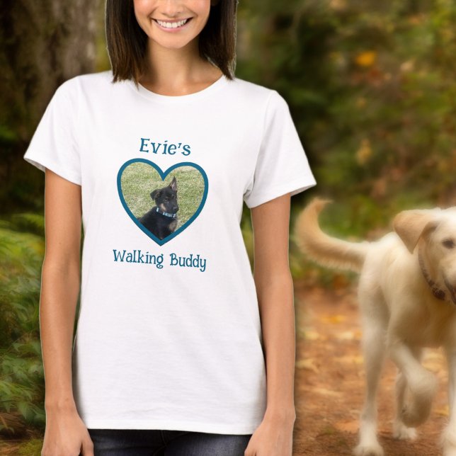 Camiseta Cachorro Personalizado Bonito A Caminhar Foto Do C (Teal Personalized Dog Walking Buddy Heart Photo T-Shirt
)