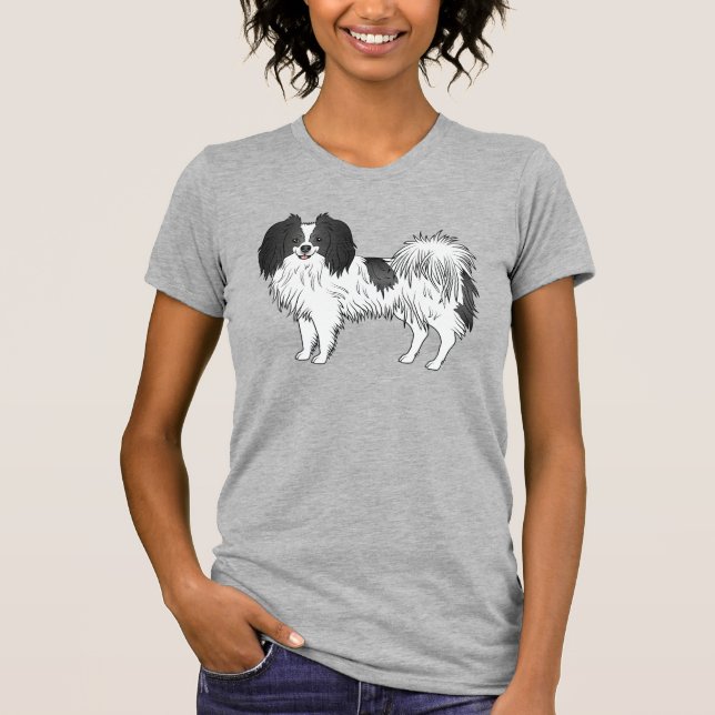 Camiseta Cachorro Phalène Cute Preto E Branco Com Rosto Sor (Frente)