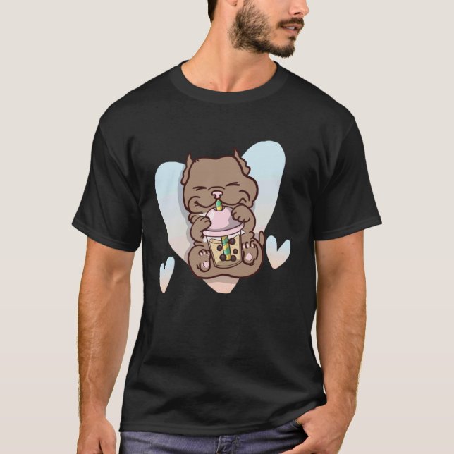Camiseta Cachorro Pit Bull Boba Bubble Tea Engraçado (Frente)