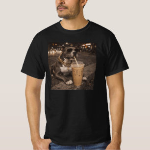 Camiseta Cachorro Pitbull Bebendo Café Gelado Amante de Ani