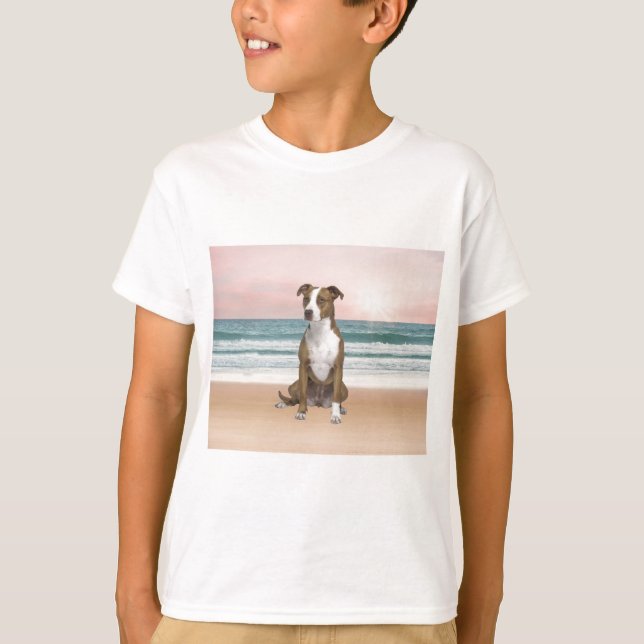 Camiseta Cachorro Pitbull bonito sentado na praia com o pôr (Frente)