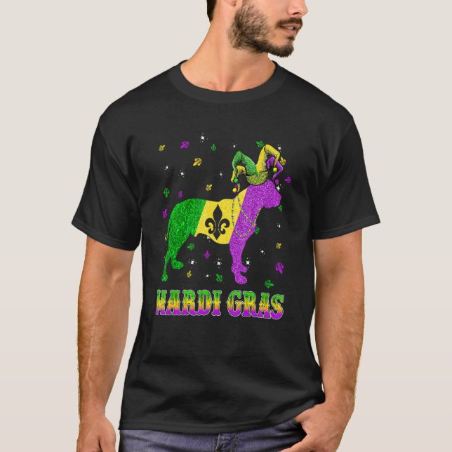 Camiseta Cachorro Pitbull Contas de Mardi Gras Carnaval Buf (Frente)
