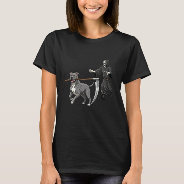 Camiseta Cachorro Pitbull engraçado de Halloween e a Morte (Frente)