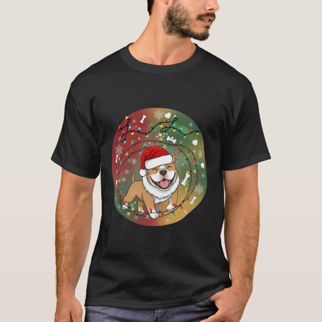 Camiseta Cachorro Pitbull Fofo de Natal com Chapéu de Papai (Frente)