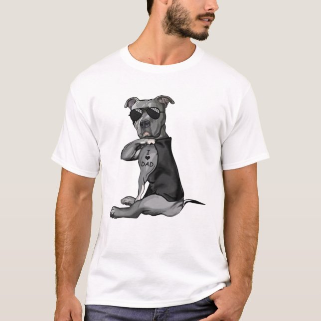 Camiseta Cachorro Pitbull Tatuagem Eu Adoro Pai - Dia de os (Frente)