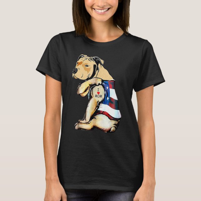 Camiseta Cachorro Pitbull Tatuagem Eu Amo Dia de as mães Mã (Frente)