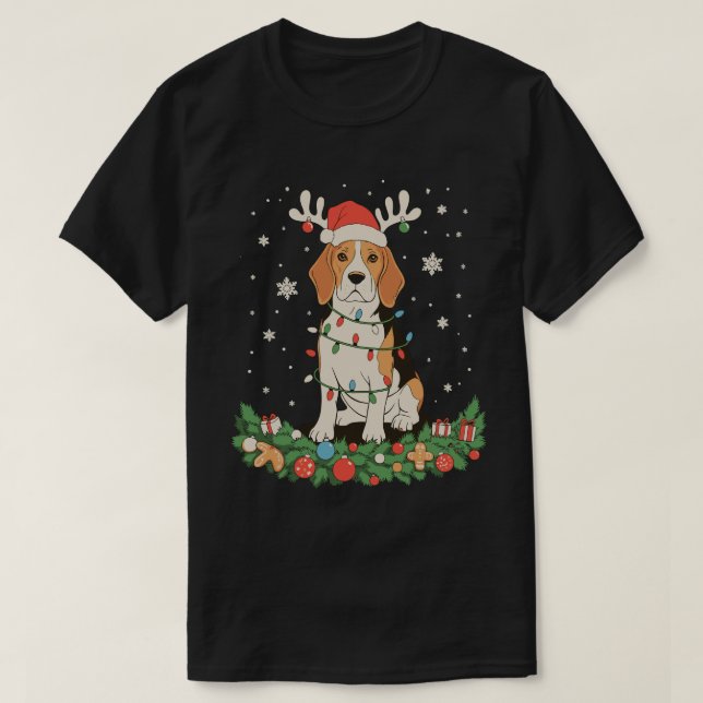 Camiseta Cachorro Pointer Inglês Chapéu de Rena Luzes de Na (Frente do Design)