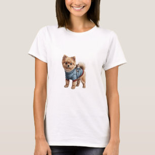 Camiseta Cachorro Pomerânia Adorável Vestindo Rena Azul