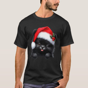 Camiseta Cachorro Pomerânia Preto Chapéu de Natal do Papai 
