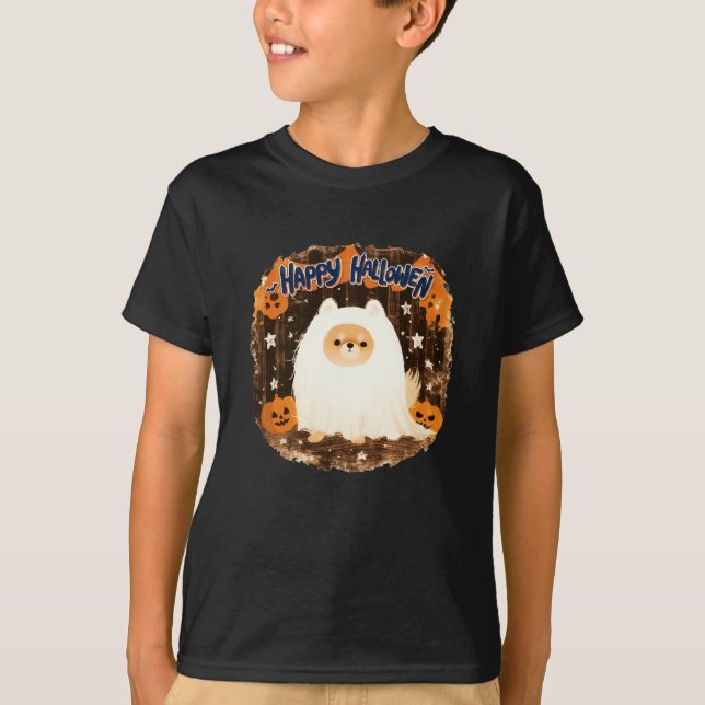 Camiseta Cachorro Pomerano na fantasia fantasma - Feliz Hal (Frente)