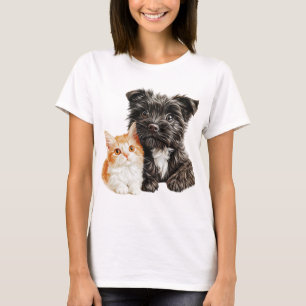 CAMISETA CACHORRO PRETO E BRANCO E LARANJA E KITTEN BRANCO