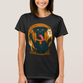 Camiseta Cachorro Preto Fofo e Assustador com Fantasma 