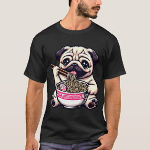 Camiseta Cachorro Pug Anime Comendo Macarrão Ramen