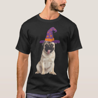 Camiseta Cachorro Pug Com Chapéu De Bruxa Halloween