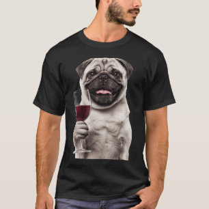 Camiseta Cachorro Pug Corça Engraçado Bebendo Vinho Tinto -