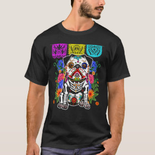 Camiseta Cachorro Pug de Açúcar Floral Fofo Dia de Muertos