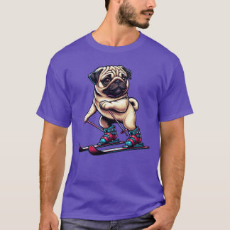 Camiseta Cachorro Pug de desenho fofo esquiador de esqui