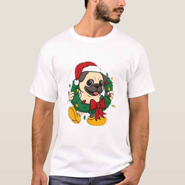 Camiseta Cachorro Pug de Natal Adorável com Grinalda Festiv (Frente)