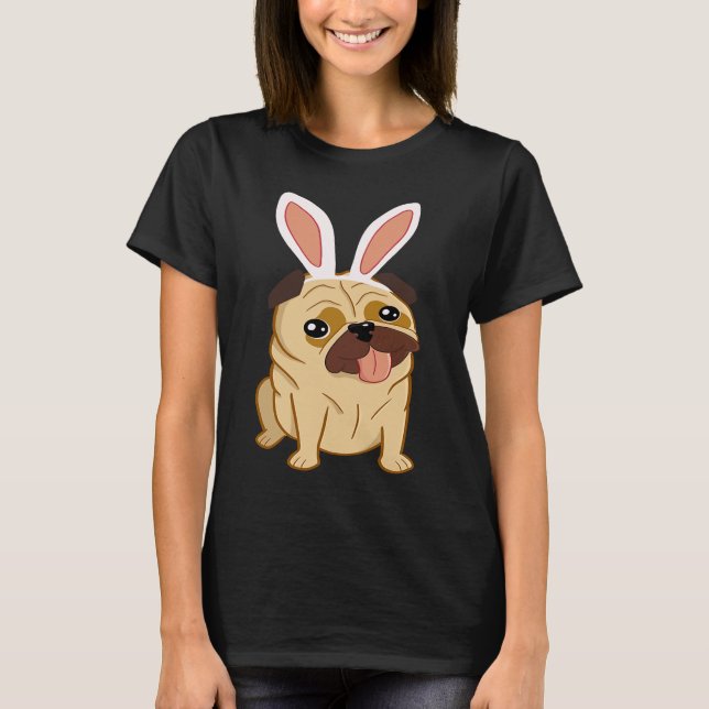 Camiseta Cachorro Pug de Páscoa Fofo Com Orelhas de Coelho (Frente)