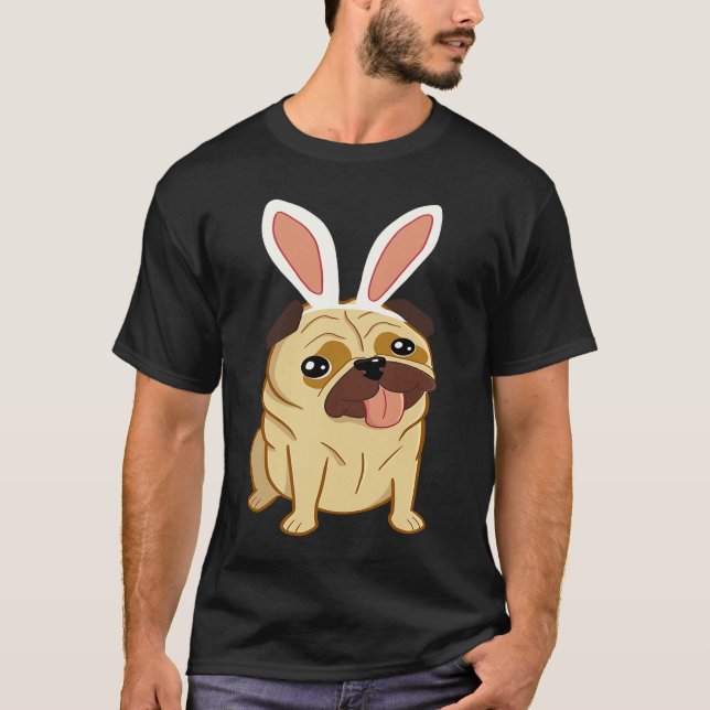 Camiseta Cachorro Pug de Páscoa Fofo Com Orelhas de Coelho (Frente)