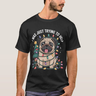 Camiseta Cachorro Pug Engraçado Enroscado em Luzes de Natal