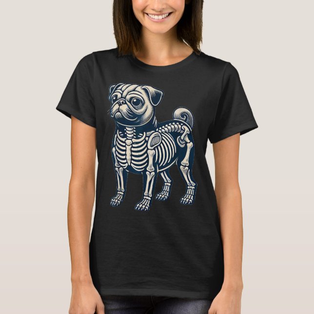 Camiseta Cachorro Pug Esqueleto Halloween (Frente)