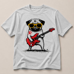 Camiseta Cachorro Pug Estrela de Rock Tocando Guitarra Elét