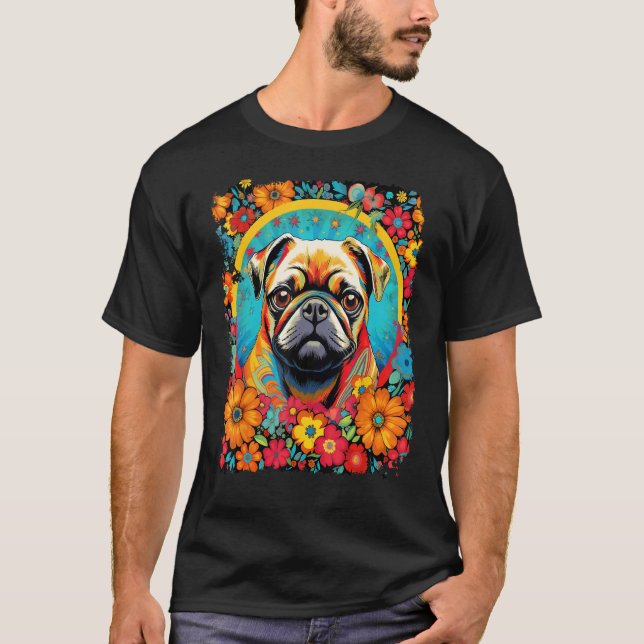 Camiseta Cachorro Pug Flor Amor Paz (Frente)