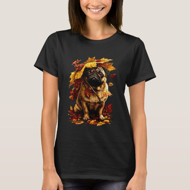 Camiseta Cachorro Pug Fofo com Folhas de Outono e Guarda-ch (Frente)