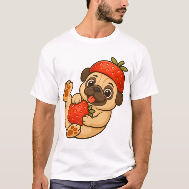 Camiseta Cachorro pug fofo com morangos desenho animado doc (Frente)
