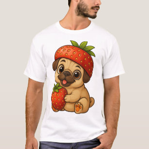 Camiseta Cachorro pug fofo com morangos desenho engraçado e
