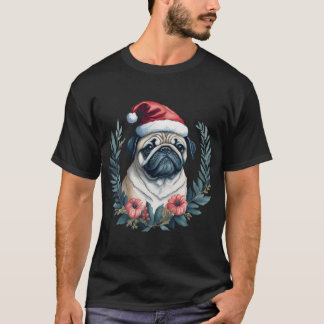 Camiseta Cachorro pug fofo de chapéu de Papai Noel em grina