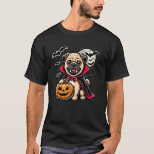 Camiseta Cachorro Pug Fofo de Halloween Dracula com Abóbora