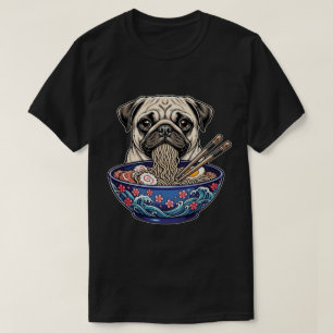 Camiseta Cachorro Pug Fofo e Divertido Comendo Ramen Tigela
