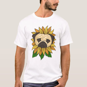 Camiseta Cachorro Pug Fofo em um Girassol