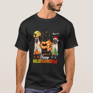 Camiseta Cachorro Pug Fofo Feliz Hallothanksmas Dia de Ação