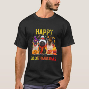 Camiseta Cachorro Pug Fofo Feliz Hallothanksmas Dia de Ação