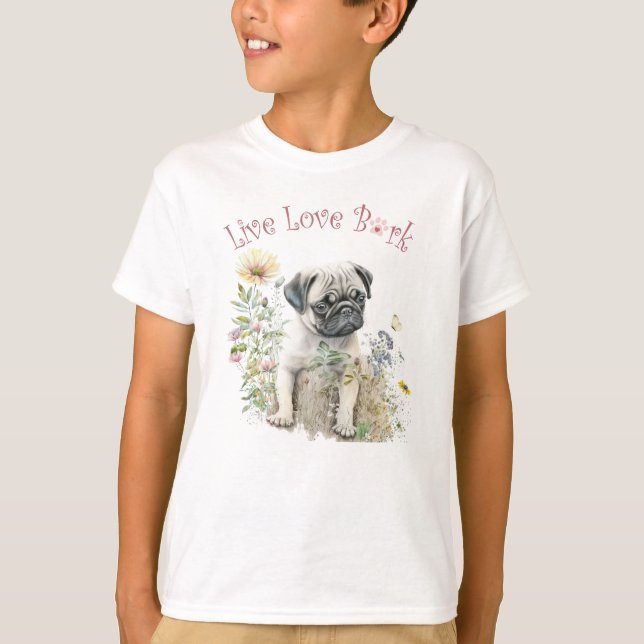 Camiseta Cachorro Pug Fofo Floral (Frente)