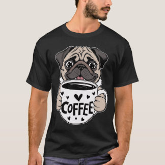 Camiseta Cachorro Pug fofo segurando uma xícara de café, co