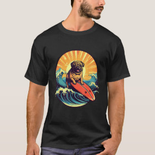 Camiseta Cachorro Pug Fofo Surfando Ondas Grandes Japonesas