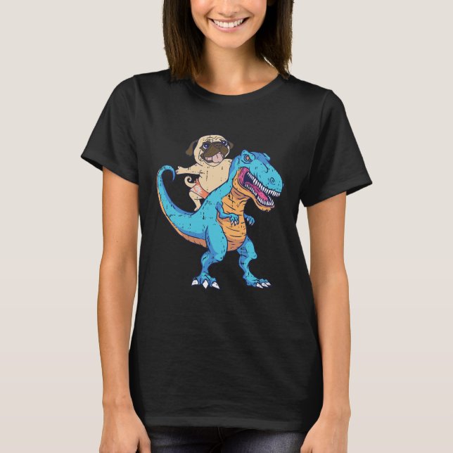 Camiseta Cachorro Pug Montando T-rex Surfando Dinossauro Am (Frente)