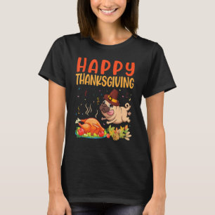 Camiseta Cachorro Pug Olha Prato de Carne de Peru Dia de Aç