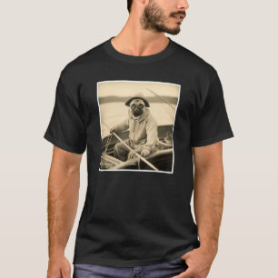 Camiseta Cachorro Pug Pescador Fofo em um Barco Vintage