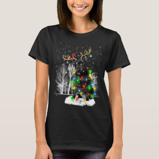 Camiseta Cachorro Pug Preto Chapéu de Natal Rena Neve Natal