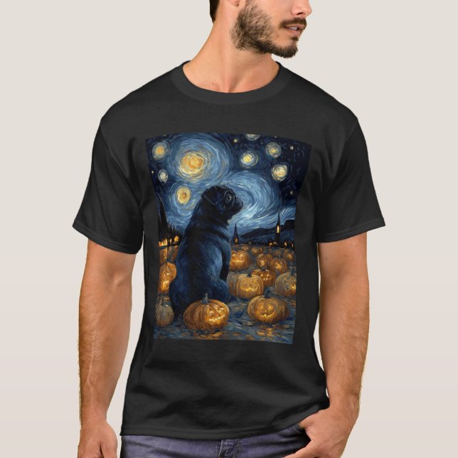 Camiseta Cachorro Pug preto da noite estrelada de van gogh  (Frente)