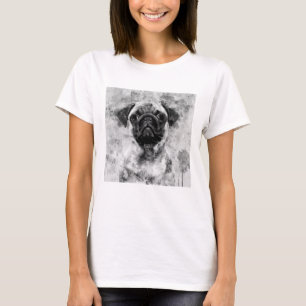 Camiseta Cachorro Pug Preto e Branco Aquarela 01