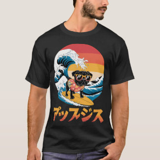 Camiseta Cachorro Pug Preto Engraçado Onda Japonesa Kanagaw
